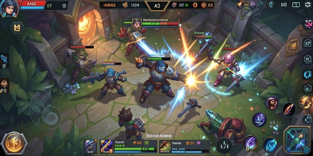 Screenshot gameplay MOBA yang menampilkan aksi seru di arena.