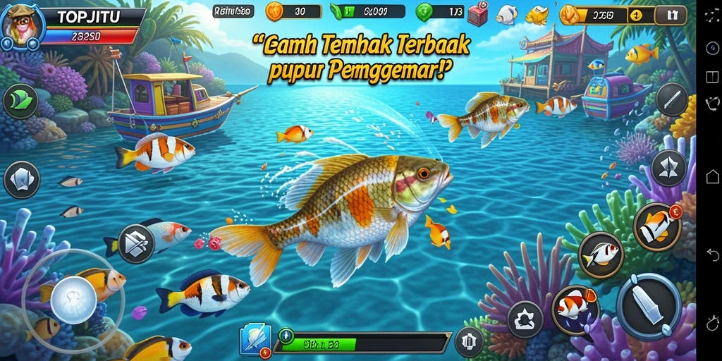 Gameplay seru dalam TOPJITU dengan beragam ikan dan senjata.